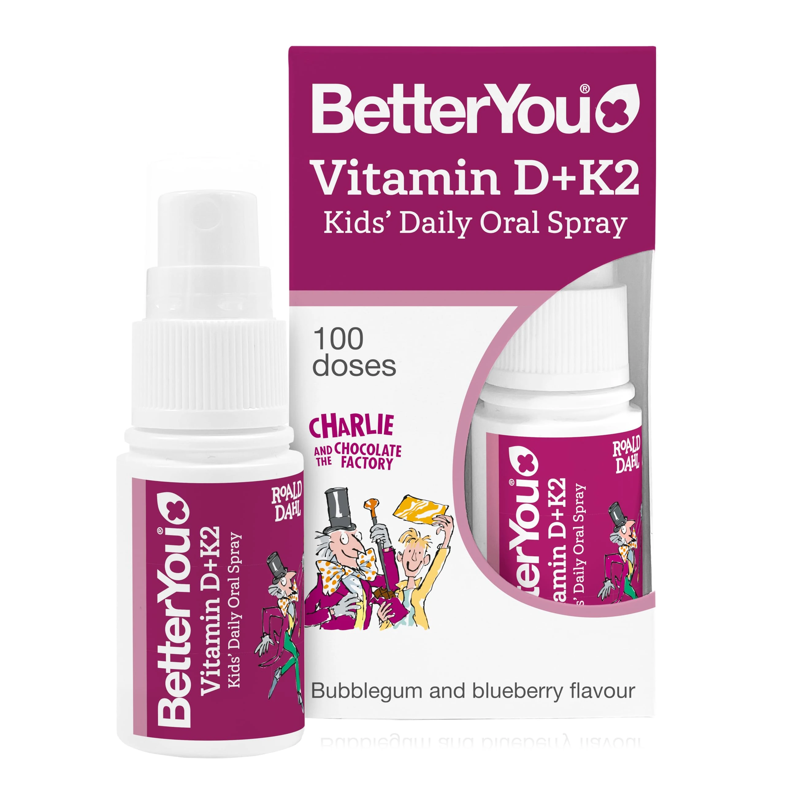 BetterYou Vitamin D3 + K2 Kids Oral Spray, Fast Acting Vitamin D 800 IU + Vitamin K2 (MK-7), Supports Growing Bones and a Healthy Immune System, 100 Sprays, Sugar Free Blueberry and Bubblegum Flavour