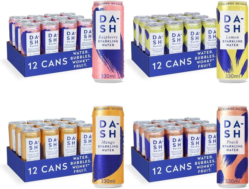 Dash Water - Pack of 48: Lemon, Raspberry, Mango, Peach - NO Sugar, Sweetener or Calories - Infused with Wonky Fruit (330ml per Can)