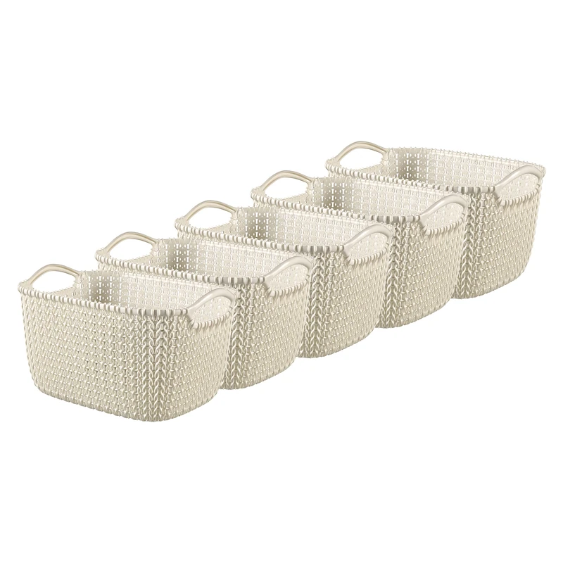 Curver Knit Effect Set of 5 Kitchen, Living room, Bathroom, Bedroom, Utility Rectangular Small Storage Basket 8 Litres - Oasis White