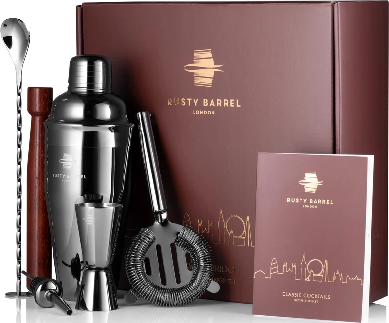 Rusty Barrel Cocktail Making Kit - Beautifully Presented Cocktail Shaker Set - Premium Cocktail Set with Cocktail Shaker and Bar Accessories for Home Pub - Cocktail Gift Set in a Beautiful Gift Box