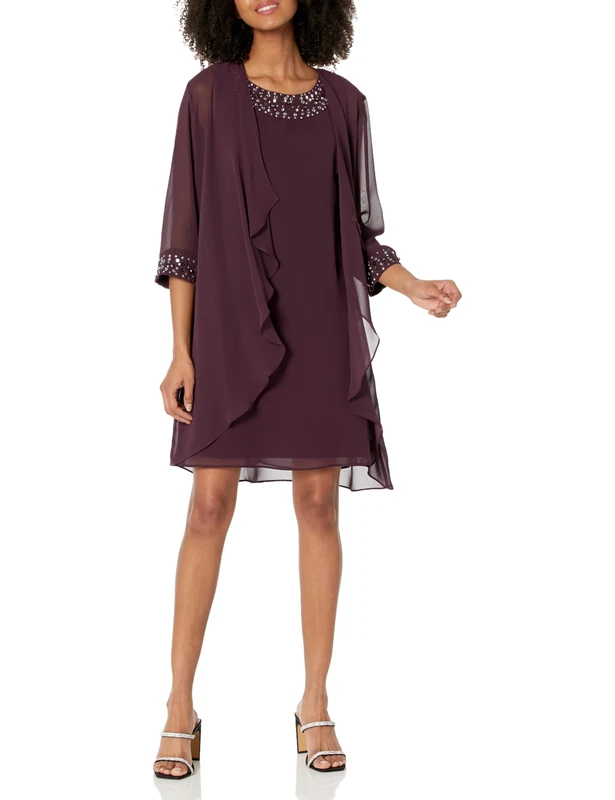 S.L. Fashions Women's Chiffon Mother of The Bride Jacket Dress, Wedding Guest Gown (Petite and Regular Sizes) Special Occasion, Aubergine, 10 (Pack of 2)