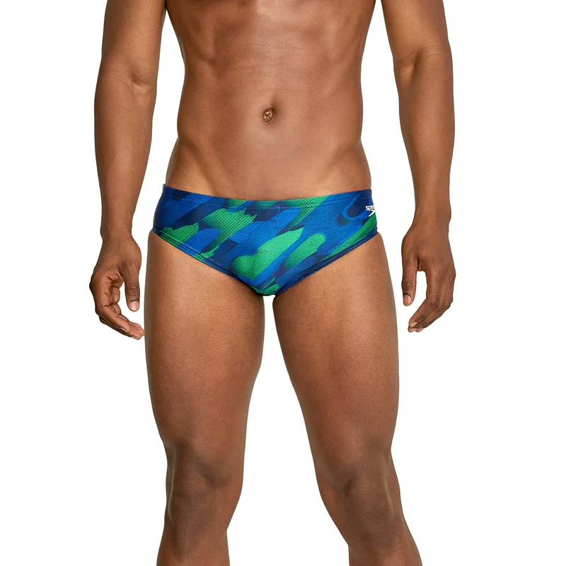 Speedo Men's Standard Swimsuit Brief PowerFlex Eco Coded Riff Team Colors, Wonder Blue/Green, 24