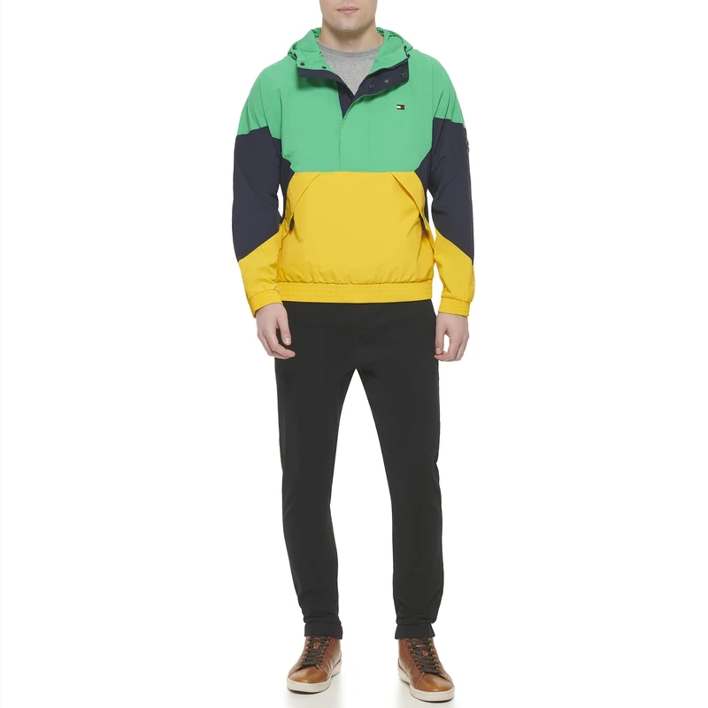 Tommy Hilfiger Men's Retro Lightweight Taslan Hooded Popover Water Resistant Windbreaker Jacket, Aqua Green/Navy/Yellow, Medium