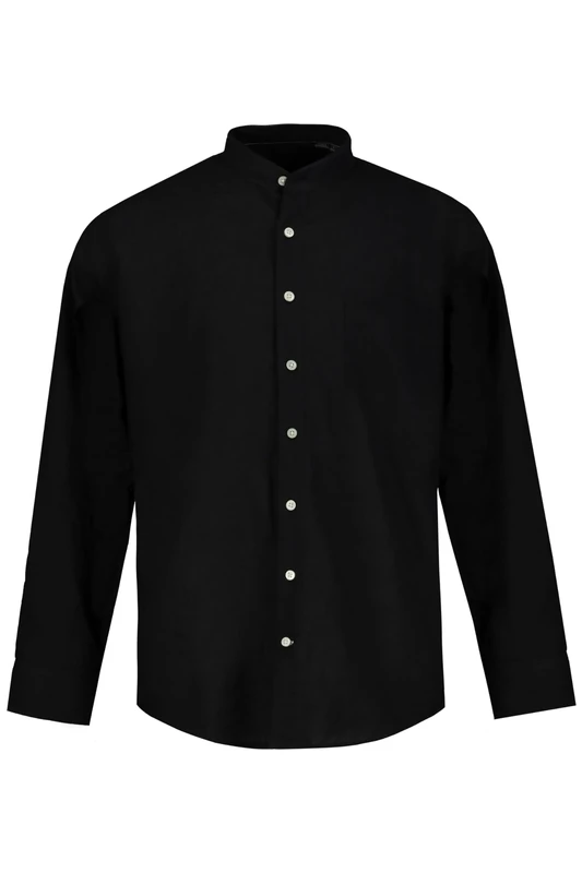 JP 1880 Men's Hemd, Langarm, Leinenmix, Stehkragen, Modern Fit Shirt, Black, XXL
