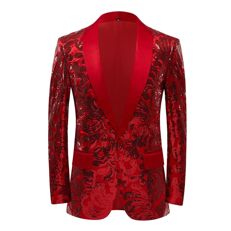 PYJTRL Men Stylish Satin Face Sequins Floral Pattern Suit Jacket Blazer(Red,L)