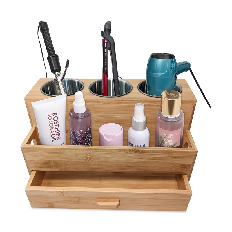 Harzen Brothers Hair Tool Organizer, Bamboo, Styling Holder, Bathroom Countertop Blow Dryer Holder, Vanity Caddy Storage Stand for Accessories, Makeup, Toiletries - Image 1