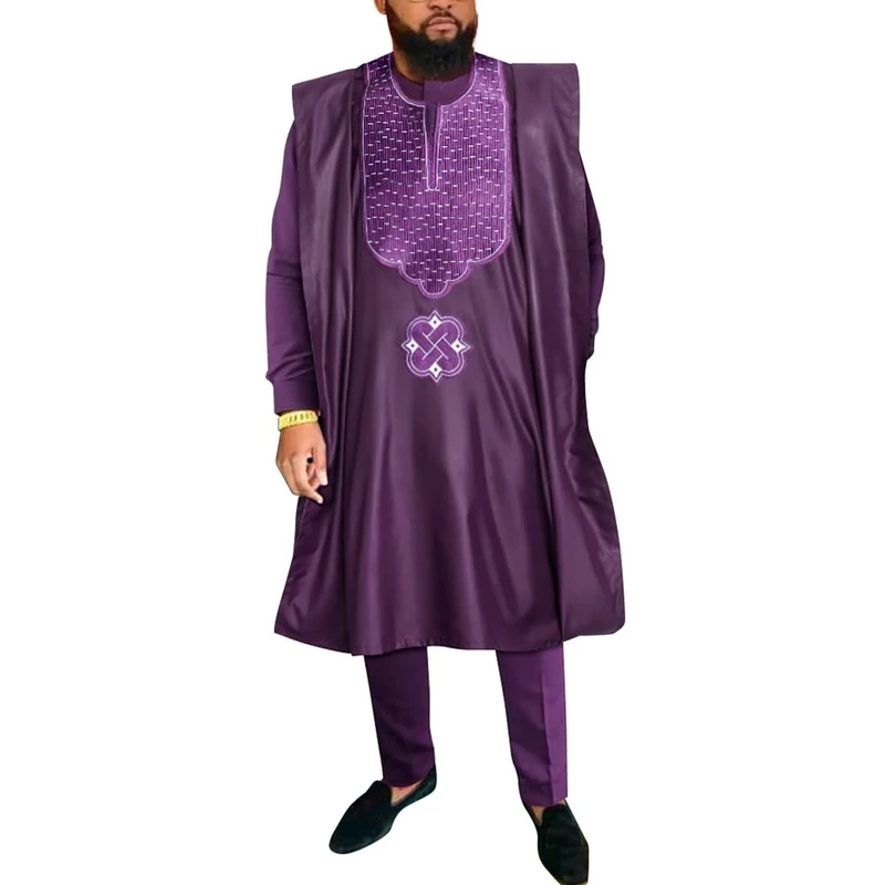 HD African Mens Apparel Agbada Clothing Embroidery Dashiki Shirts and Pants Outfits 3 Pieces, Purple-25, Large - Image 1