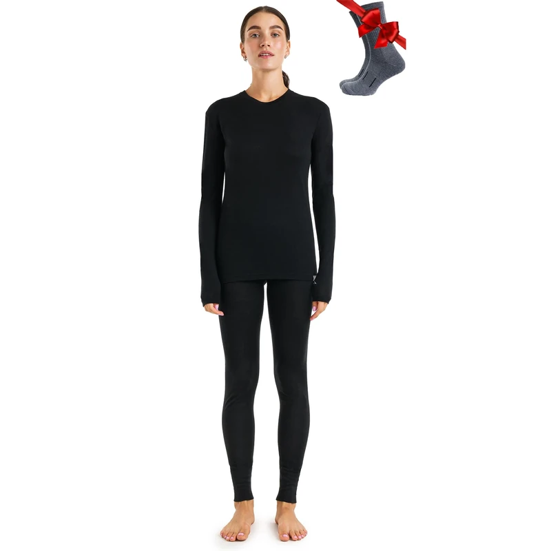 Merino.tech Merino Wool Base Layer Womens Set - Merino Thermal Underwear Womens Top and Bottom Lightweight, Midweight, Heavyweight (Small, 165 LITE Black)