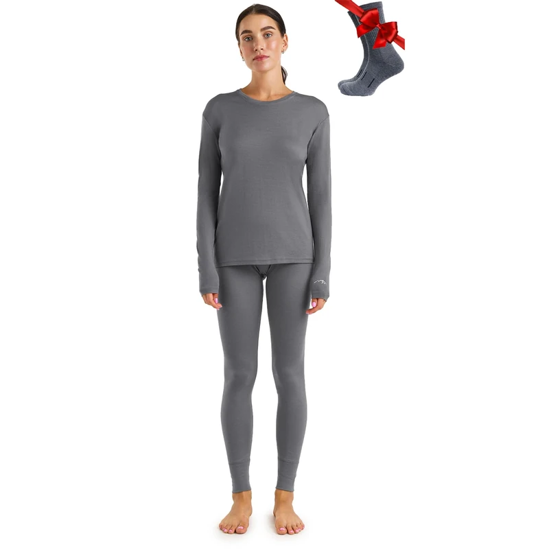 Merino.tech Merino Wool Base Layer Womens Set - Merino Thermal Underwear Womens Top and Bottom Lightweight, Midweight, Heavyweight (Small, 165 LITE Perfect Grey)