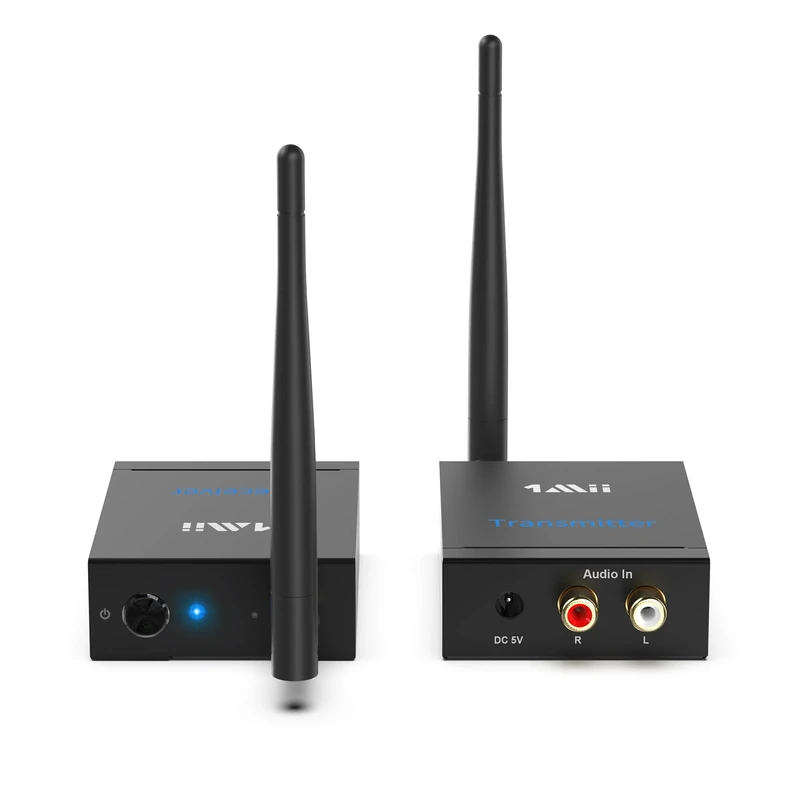 1Mii Wireless Audio Transmitter and Receiver, 2.4GHz Long Range Transmitter and Receiver Low Latency from TV/PC to Active Bookshelf Speakers/Stereo/Subwoofer/CD, RCA Port, 100m Outdoor(Audio Only)