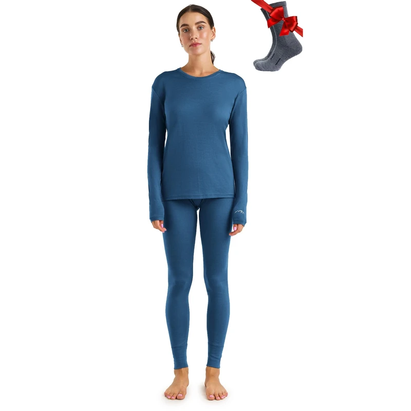 Merino.tech Merino Wool Base Layer Womens Set - Merino Thermal Underwear Womens Top and Bottom Lightweight, Midweight, Heavyweight (X-Small, 165 LITE Denim Blue)