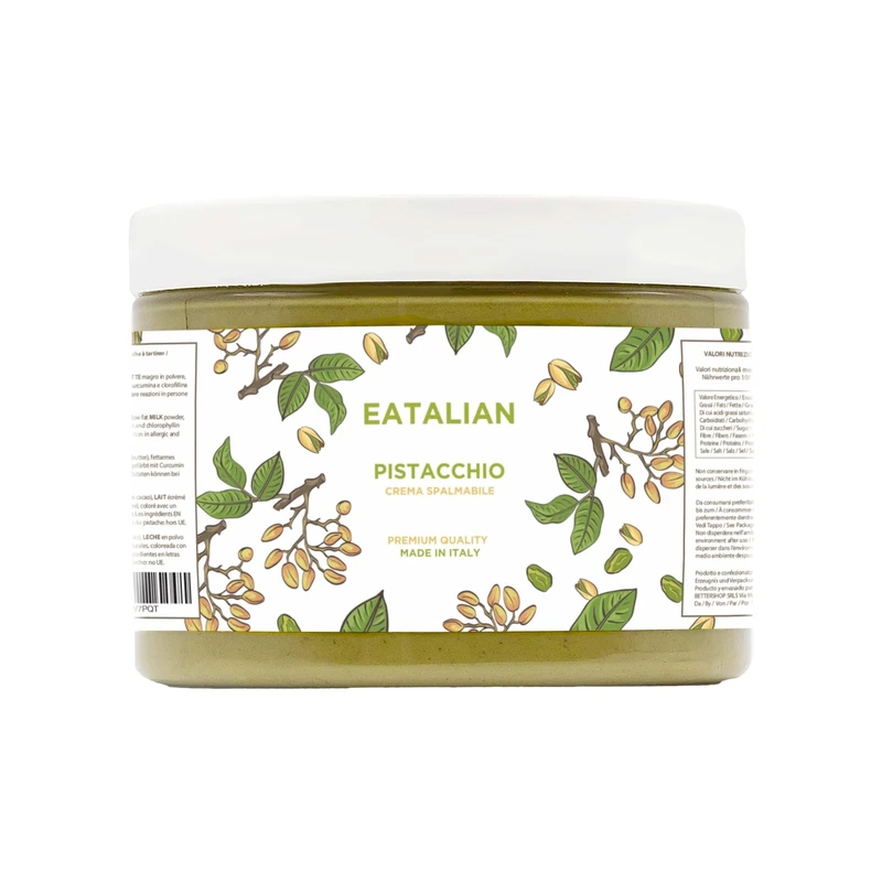 EATALIAN by AMZ BETTER Pistachio Cream, Delicious Spreadable Cream with a Sweet and Unique Taste, Ideal on Bread, Perfect with Ice Cream, Excellent for Dubai Chocolate, 500 gr Made in Italy