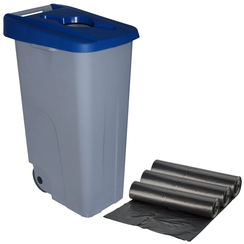 WELLHOME Recycling Container + 3 x Bin Bags of 10 Units, Blue, 42 x 57 x 88 cm
