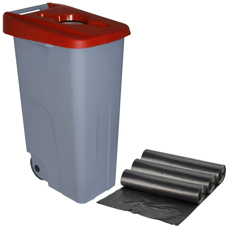 WELLHOME Recycling Container + 3 x Bin Bags of 10 Units, Dark Red, 42 x 57 x 88 cm