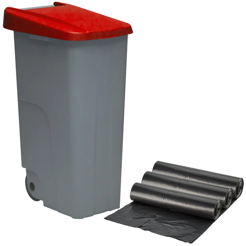 WELLHOME Recycling Container + 3 x Bin Bags of 10 Units, Red, 42 x 57 x 88 cm