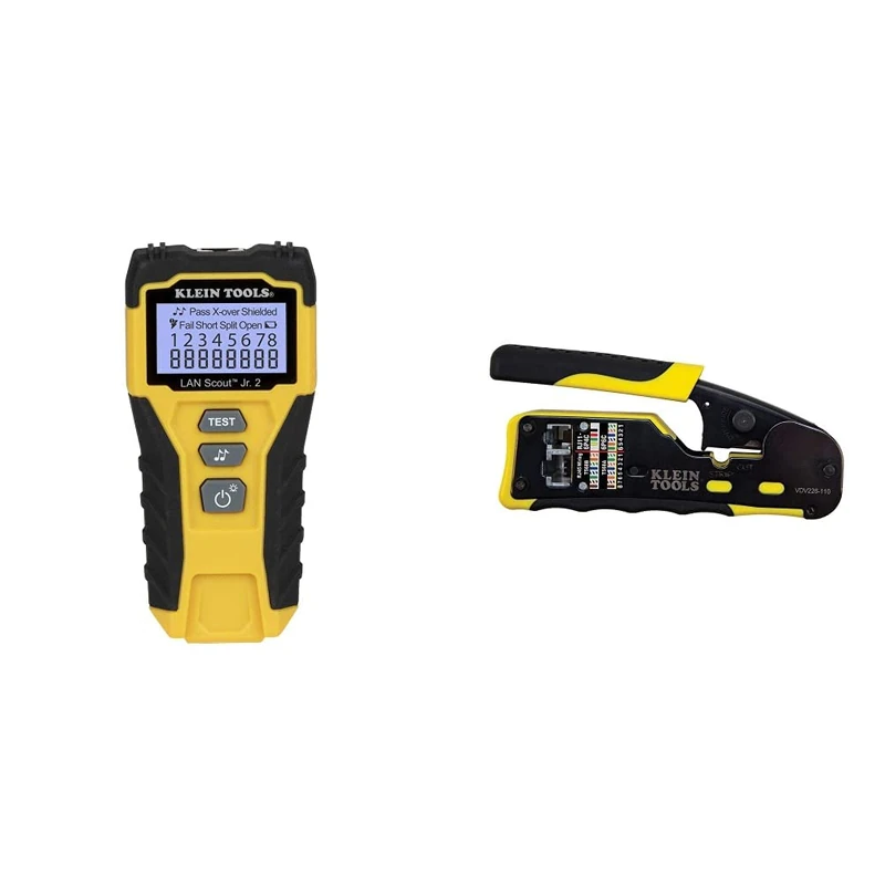 Cable Tester, LAN Scout Jr. 2 Ethernet Cable Tester for CAT 5e, CAT 6/6A Cables with RJ45 Connections Klein Tools VDV526-200 & Pass-Thru Modular Wire Crimper, All-in-One Tool Cuts, Yellow/Black