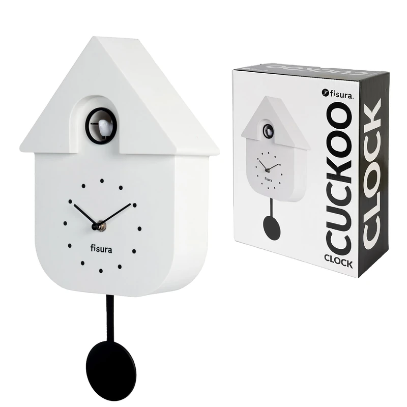 Fisura - White cuckoo clock. Original wall clock for gift. Modern and colorful wall decoration 3 AA batteries not included, ABS plastic, 21,5 x 8 x 41,5.