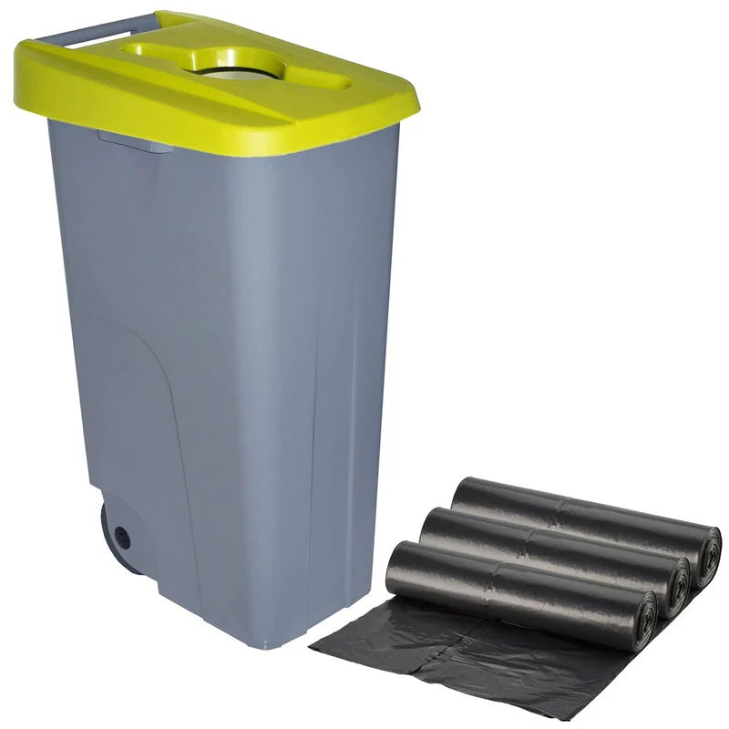 WELLHOME Recycling Container + 3 x Bin Bags of 10 Units, Yellow, 42 x 57 x 88 cm