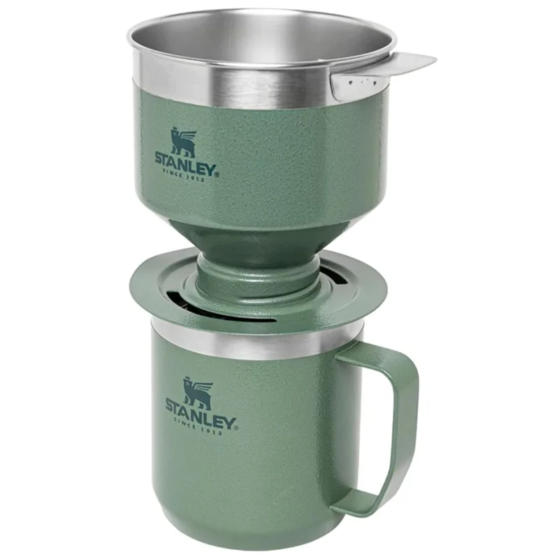STANLEY 1913 Camp Mug with Perfect Brew Pour Over Set - Keeps Hot for 1 Hour - 2 Hours Cold - Dishwasher Safe - Reusable Filter - Camping Mug with Coffee Maker - Hammertone Green