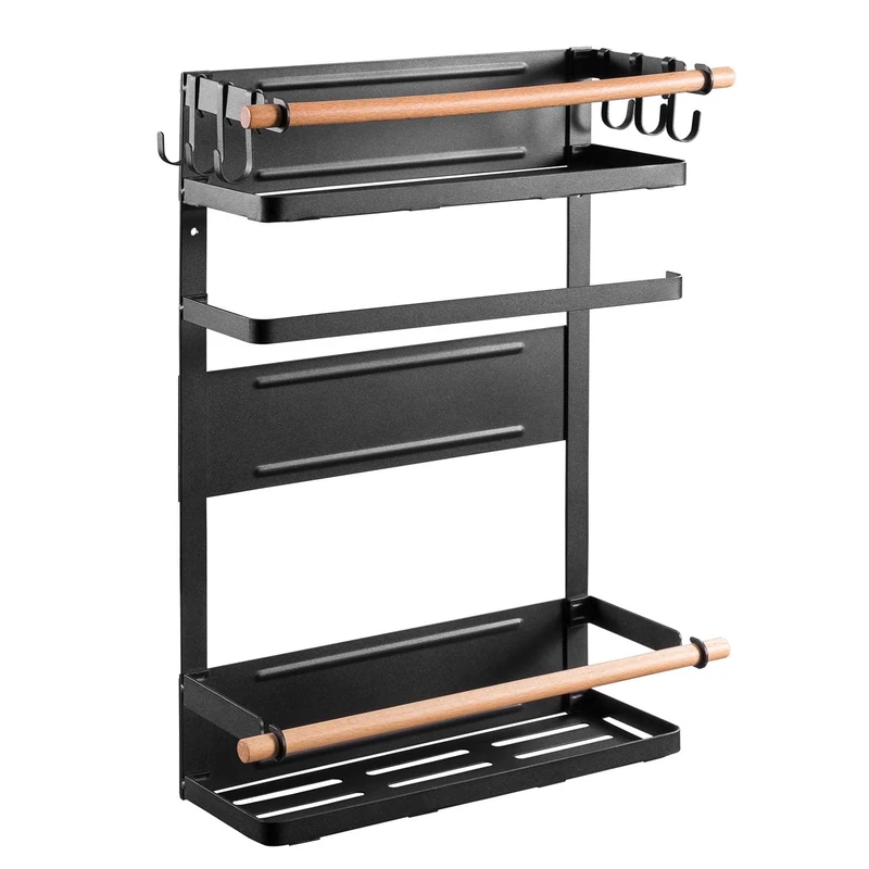 Maclean MC-910 Magnetic Fridge Shelf/Washing Machine Shelf with Roll Holder and 6 Removable Hooks Hanging Shelf Paper Towel Holder up to 12 kg Black
