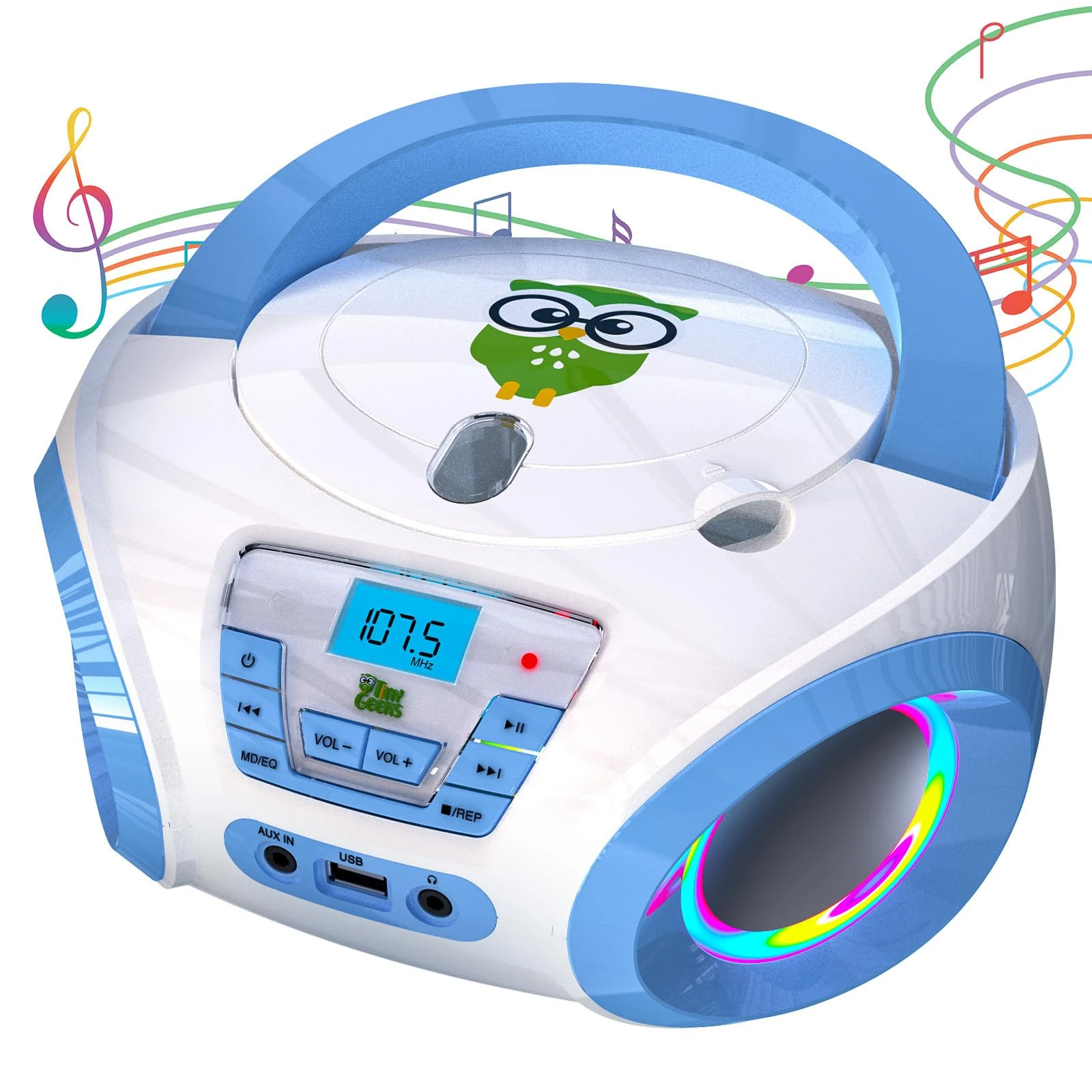TinyGeeks Tunes Kids Boombox CD Player for Kids - New - FM Radio - Batteries Included - Cute White Radio cd Player with Speakers for Kids and Toddlers - Blue