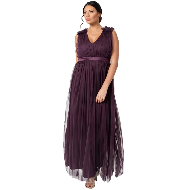 Maya Deluxe Women's Ladies Maxi Dress with Ruffle V Neck Sleeveless High Empire Waist Long for Prom Guest Wedding Bridesmaid, Berry, 22