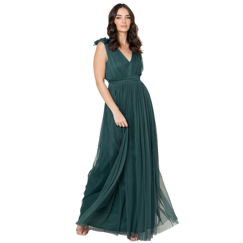 Maya Deluxe Women's Ladies Maxi Dress with Ruffle V Neck Sleeveless High Empire Waist Long for Prom Guest Wedding Bridesmaid, Emerald Green, 28