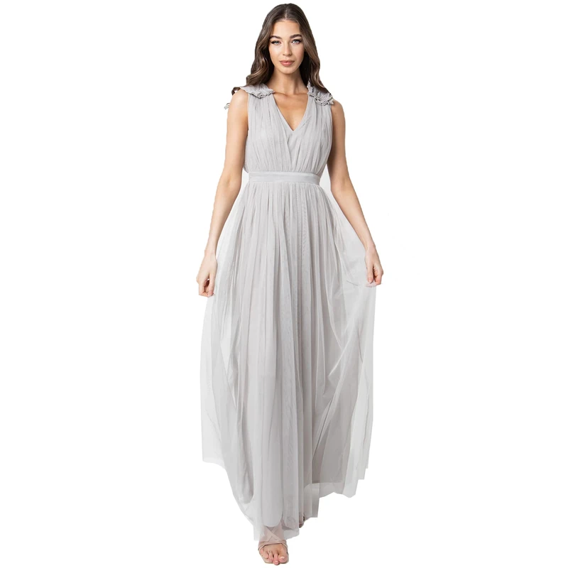 Maya Deluxe Women's Ladies Maxi Dress with Ruffle V Neck Sleeveless High Empire Waist Long for Prom Guest Wedding Bridesmaid, Soft Grey, 14