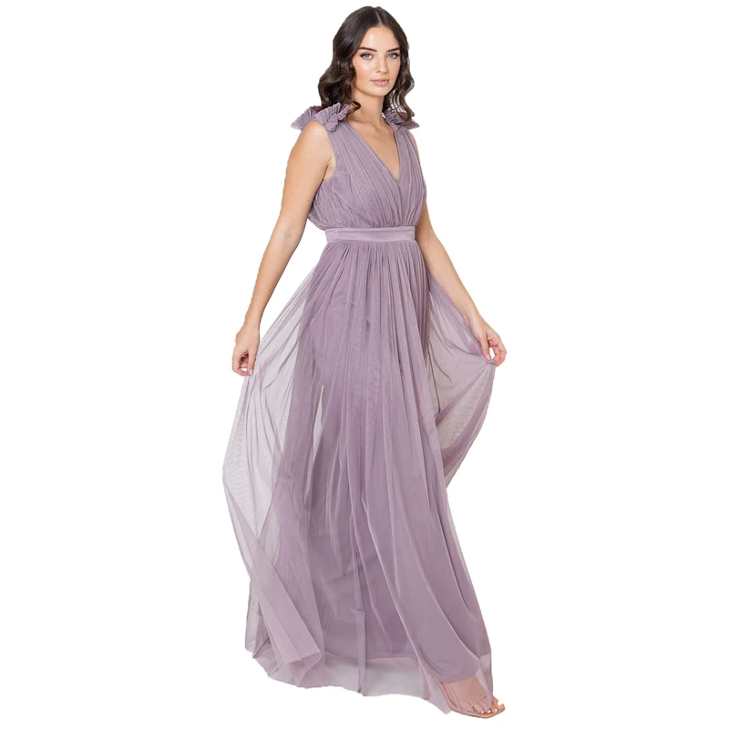 Maya Deluxe Women's Ladies Maxi Dress with Ruffle V Neck Sleeveless High Empire Waist Long for Prom Guest Wedding Bridesmaid, Moody Lilac, 24