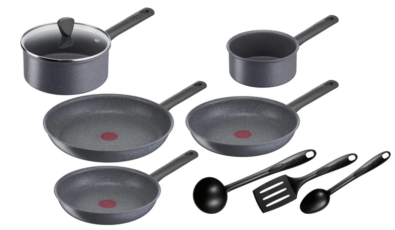 Tefal Natural On G2809202 9P Saucepan Set 16/20 cm + Lid Pans 24/26/30 cm Non-Stick Thermal Signal French Production Induction Stone Grey - Image 1