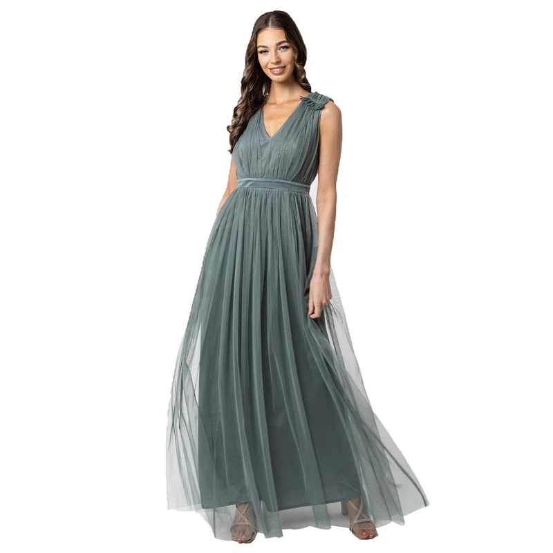 Maya Deluxe Women's Ladies Maxi Dress with Ruffle V Neck Sleeveless High Empire Waist Long for Prom Guest Wedding Bridesmaid, Misty Green, 16