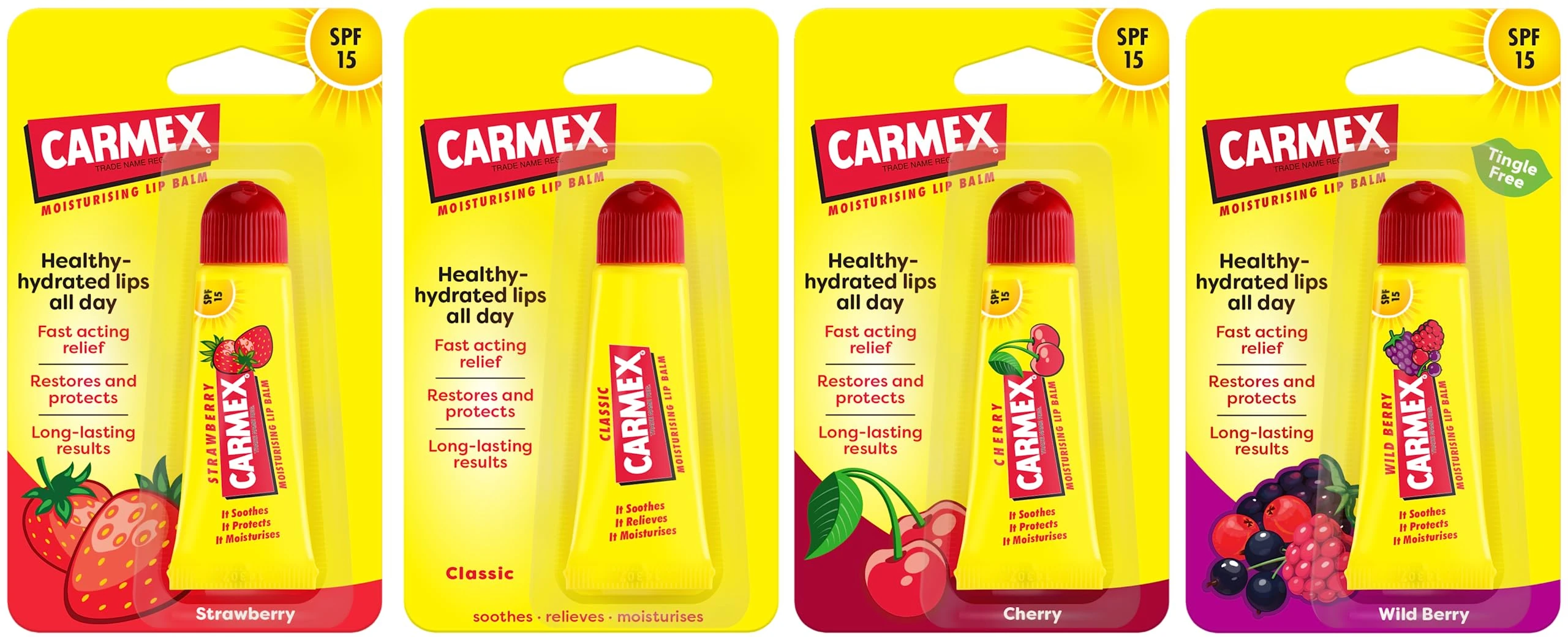 Carmex Lip Balm Tube Set | Classic, Cherry, Strawberry & Mint | Soothes and Repairs Dry, Cracked Lips | SPF 15 Protection | Intensely Hydrating Winter Lip Care Formula (Pack Of 4)