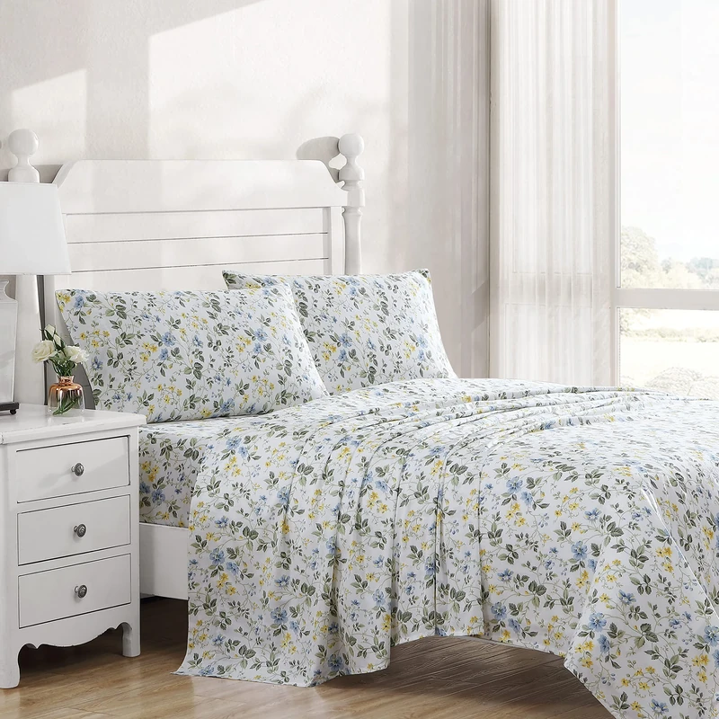 Laura Ashley Home - King Sheets, Soft Sateen Cotton Bedding Set - Sleek, Smooth, & Breathable Home Decor, Meadow Floral Blue