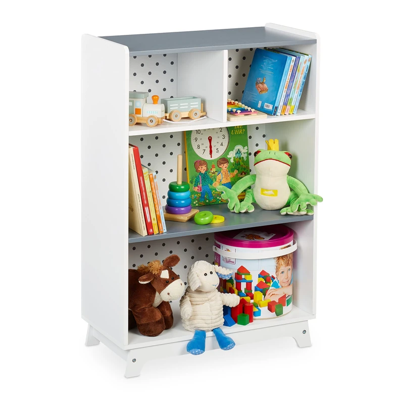 Relaxdays Children’s Toys & Books, HxWxD: 90x60x30 cm, 4 Compartments, Girls & Boys, Shelves, White/Grey, Fibreboard - Image 1