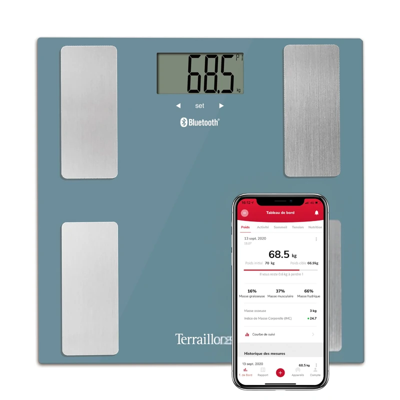 TERRAILLON - SMART CONNECT, Connected Bathroom Scales, BMI Scales, 8 Users, Bluetooth Low Energy, Capacity 160 kg, Petrol Blue