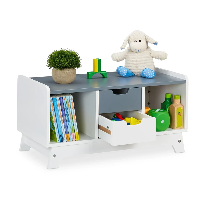 Relaxdays Children’s Sideboard for Toys & Books, HxWxD: 30x60x30 cm, 4 Compartments, Girls & Boys, Shelves, White/Grey, Fibreboard