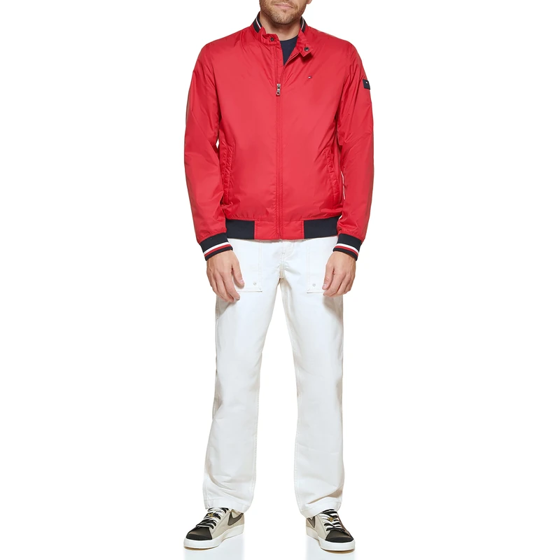 Tommy Hilfiger Men's Lightweight Varsity Rib Knit Bomber Jacket Shell, Red Poly, XL
