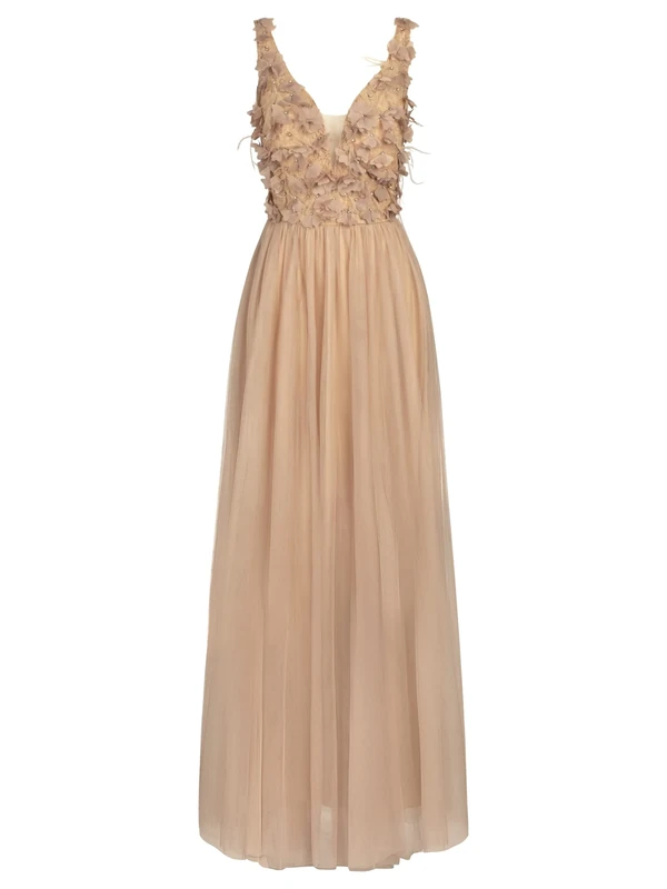 ApartFashion Women's Apart Abendkleid aus Tüll, mit Glitzersteinchen Special Occasion Dress, Nude, L