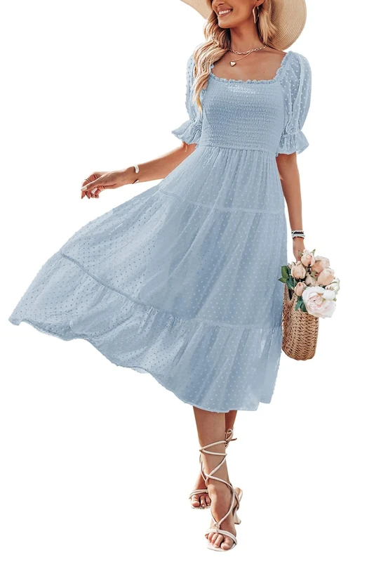 Merokeety Women's Summer Square Neck Puff Sleeve Boho Midi Dress Swiss Dot Ruffle Flowy Tie Back Dress, Blue, Small