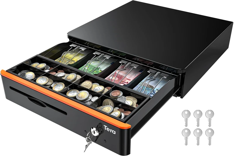 Tera Auto Open Cash Register (with 5 Keys) Till Drawer Box 4 Bill 8 Coin Cash Drawer Tray for POS System, Removable Coin Compartment 12V RJ12 Key-Lock, Media Slot for Shops Businesses