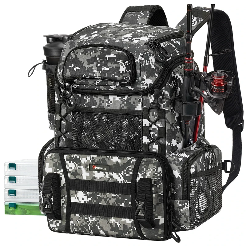Piscifun Fishing Tackle Backpack with 4 Boxes, Fishing Bag Large Capacity with 4 Trays and Protective Rain Cover, Camouflage, Backpack - Image 1