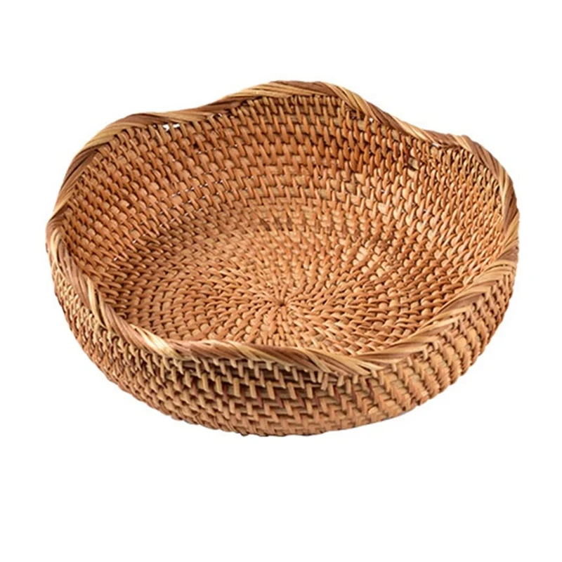 KU Syang Round Fruit Bread Basket Hand Woven Tea Dessert Serving Dish Kitchen Table Tray for Home,B, Black - Image 1