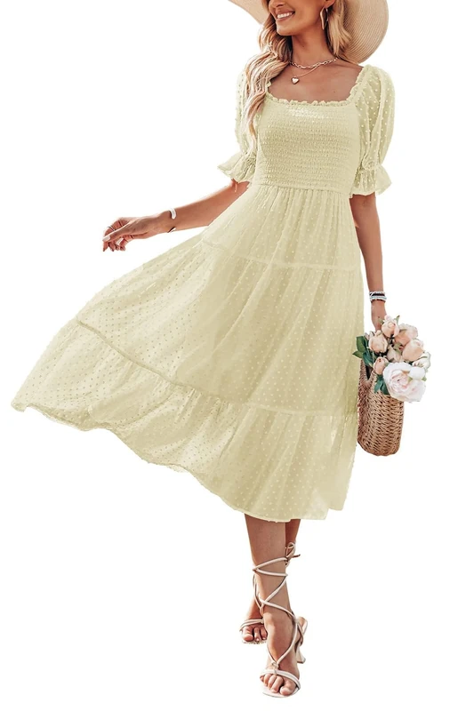 Merokeety Women's Summer Square Neck Puff Sleeve Boho Midi Dress Swiss Dot Ruffle Flowy Tie Back Dress, Beige, Small