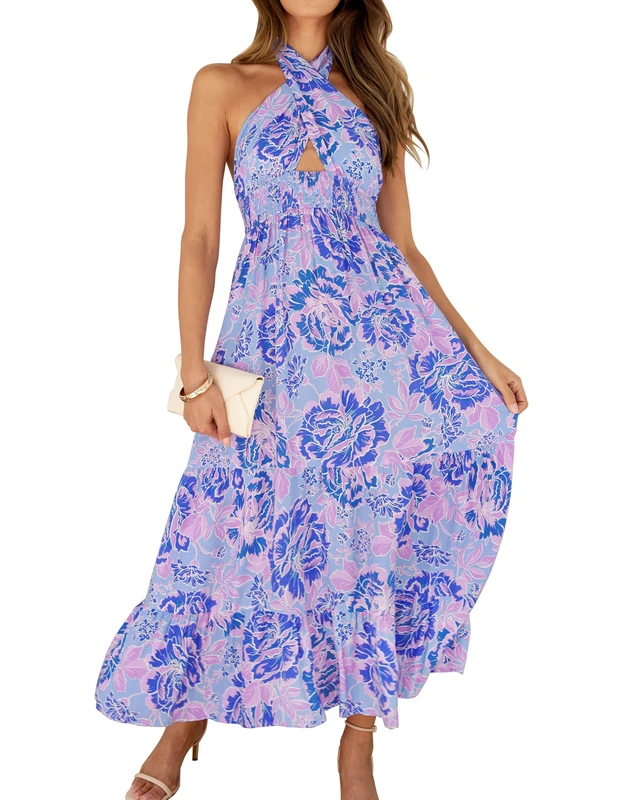 ZESICA Women's 2025 Summer Crossover Halter Neck Sleeveless Plaid Cut Out Backless Flowy A Line Maxi Dress, Bluishviolet, M - Image 1
