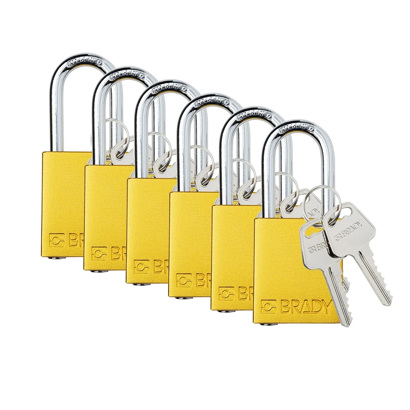 Brady Safety Lockout Padlock Sets - 6 Pack - Yellow - Keyed Alike Safety Lockout Padlocks - 2 Keys Per Lock - SDAL-YLW-38ST-KA6
