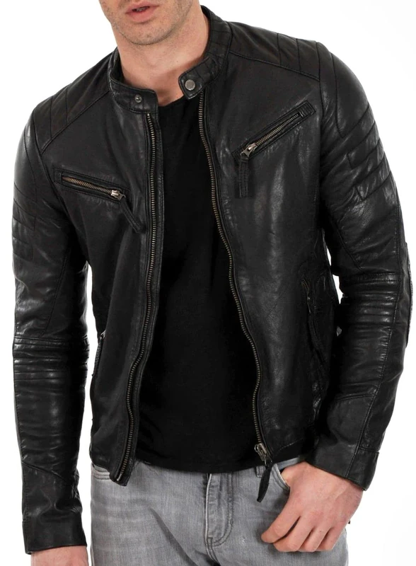 DECIMAL Mens Vintage Genuine Lambskin Leather Biker Jacket Black Brown, Black, M