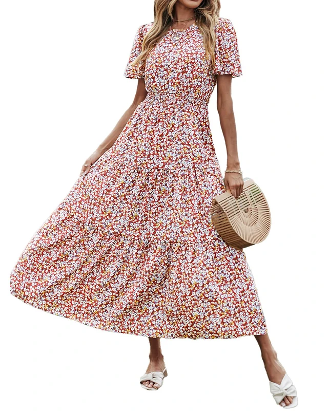 PRETTYGARDEN Women's Summer Casual Short Flutter Sleeve Round Neck Smocked Waist Tiered Boho Floral Flowy Maxi Dress, Floral and Leave Brown White, XL