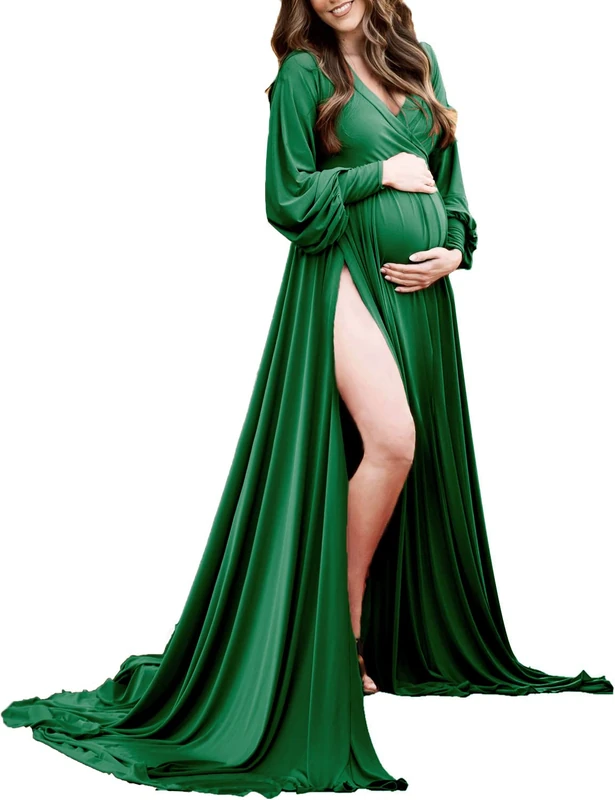 Maternity Gown Bishop Sleeves Baby Shower Dress Wrap Side Slit Sweetheart Maxi Photo Shoot for Photography, Green, L
