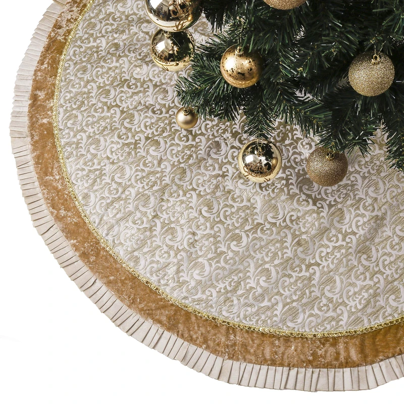 Valery Madelyn Christmas Tree Skirt for Tree Decorations, 60 Inch Fabric White Gold Small Xmas Velvet Tree Skirt with Embroidery Baroque Pattern & Pleated Border for Tree Merry Christmas Party Decor