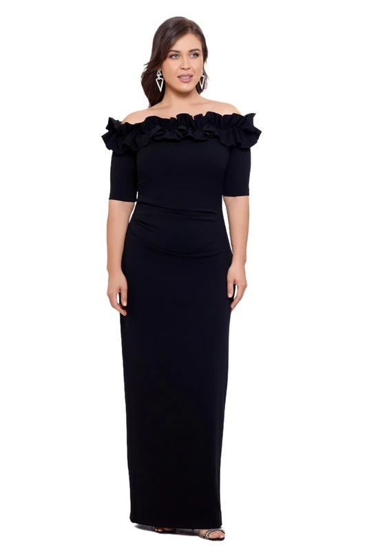 Xscape Women's Plus Size Long Off The Shoulder Ruffle Scuba Crepe Dress, Black, 20 Plus